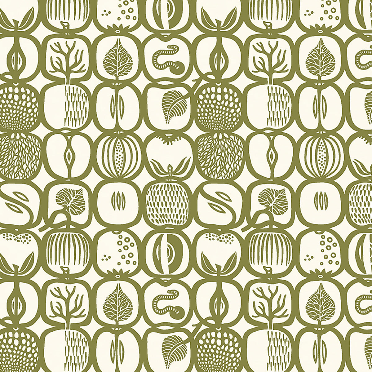 Olive-green botanical pattern with fruit silhouettes and leaves arranged in a rounded tile grid on an off-white background.