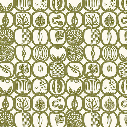 Olive-green botanical pattern with fruit silhouettes and leaves arranged in a rounded tile grid on an off-white background.