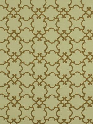 Pastel khaki wallpaper with interlocking brown quatrefoil lattice pattern; ornate floral motifs, repeating.