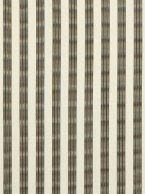 Beige upholstery fabric with narrow dark brown vertical pinstripes.