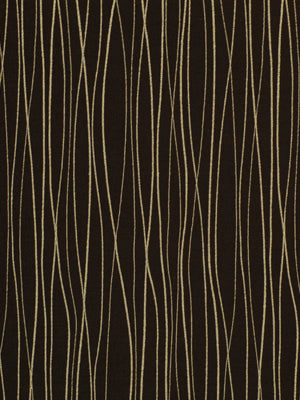 Dark charcoal upholstery fabric with shimmering metallic gold linear pattern; suitable for upholstery or fashion accents.