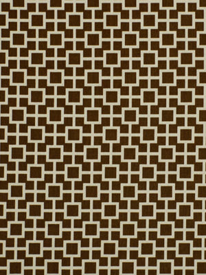 Brown geometric lattice pattern on beige background; trellis-style drapery fabric.