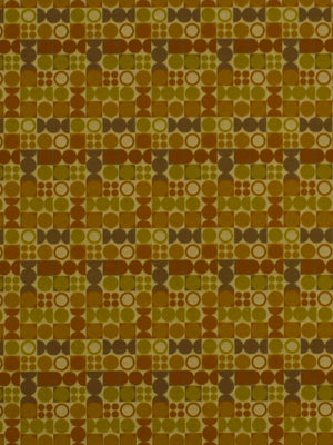 Mid-century geometric fabric pattern in mustard, olive & brown with circles, squares & diamonds in a repeating tile