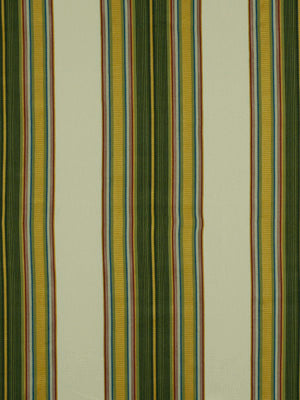 Vertical striped fabric in green, yellow and cream with thin and wide stripes; ideal for upholstery or curtains.