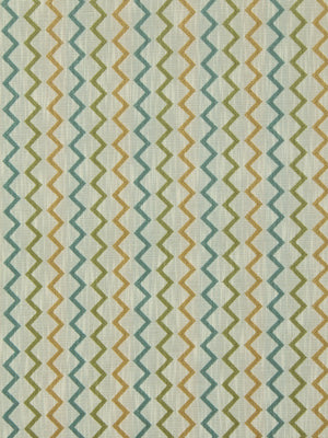 Geometric zigzag stripe fabric in teal, mustard yellow and olive on beige; mid-century modern textile.