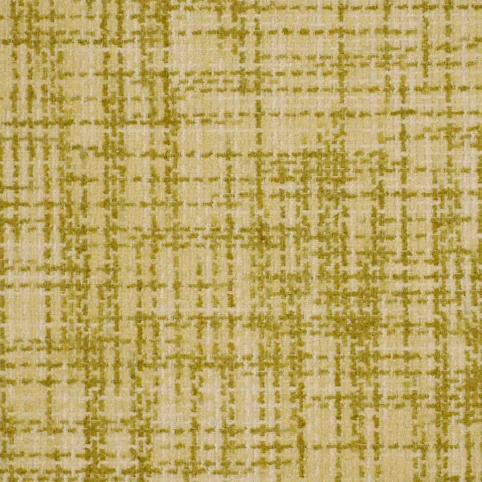 Mustard-yellow woven fabric with tan grid pattern; textured linen-look upholstery textile.