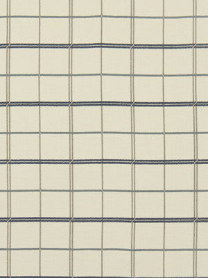 Beige woven upholstery fabric with navy grid lines forming small checks.