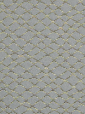 Gray-blue fabric with a gold metallic diamond lattice pattern; elegant damask-style textile for upholstery or drapery.
