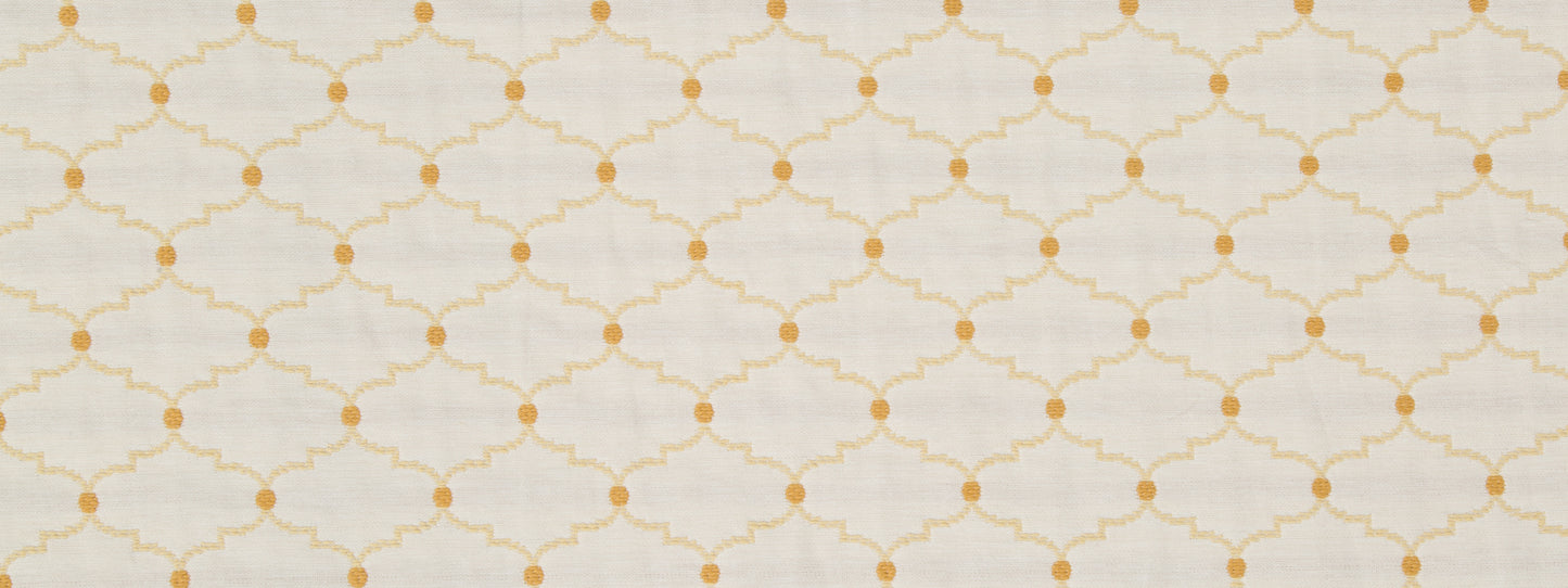 Cream background with pale gold lattice trellis pattern and small gold dots at intersections.