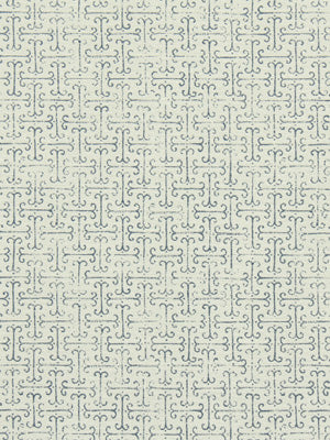 Cream background with pale teal scrolling damask motif; vintage-style upholstery fabric texture.