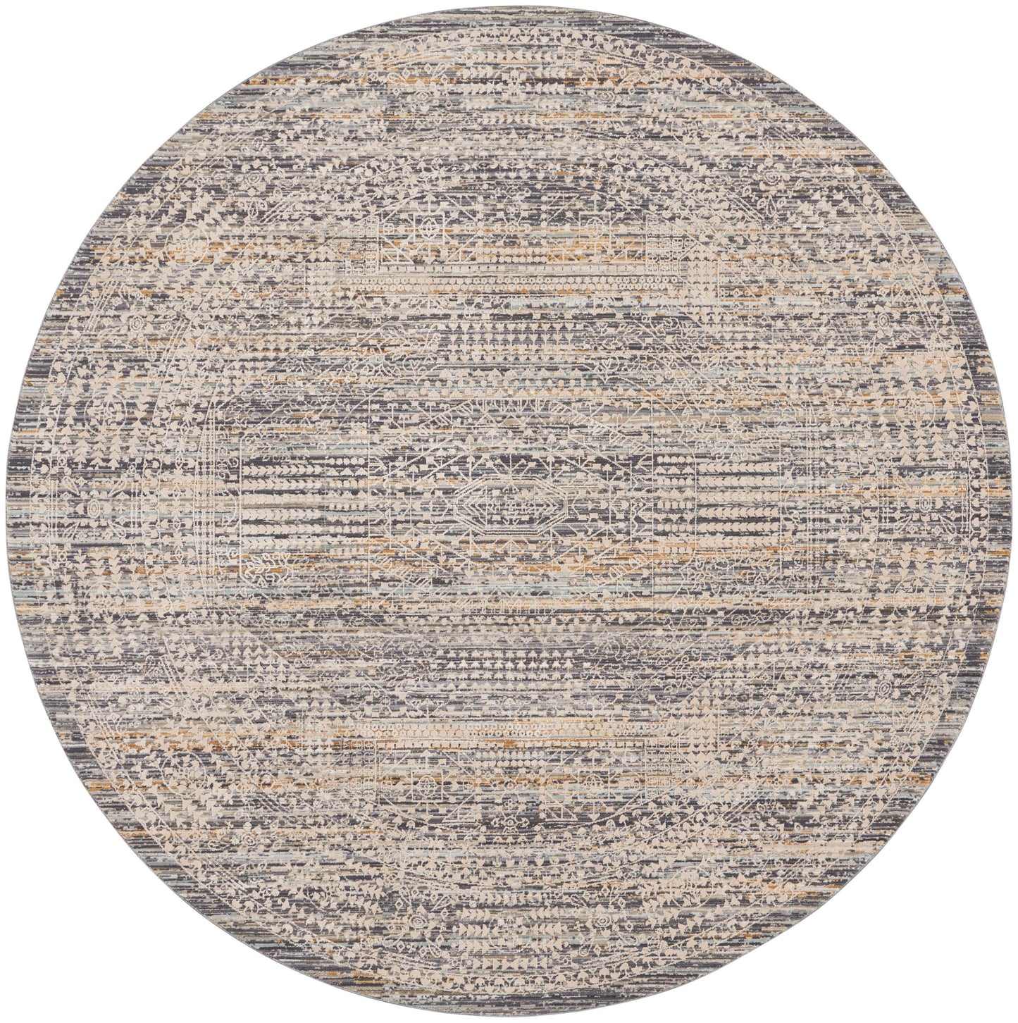 Round distressed rug in blue-gray and beige with vintage geometric oriental motif.