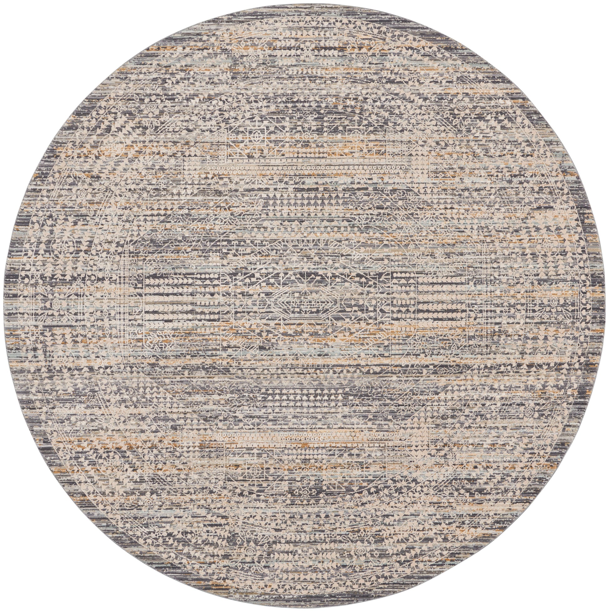 Round distressed rug in blue-gray and beige with vintage geometric oriental motif.