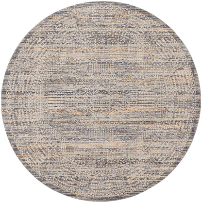 Round distressed rug in blue-gray and beige with vintage geometric oriental motif.