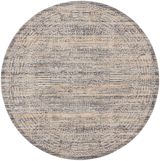 Round distressed rug in blue-gray and beige with vintage geometric oriental motif.