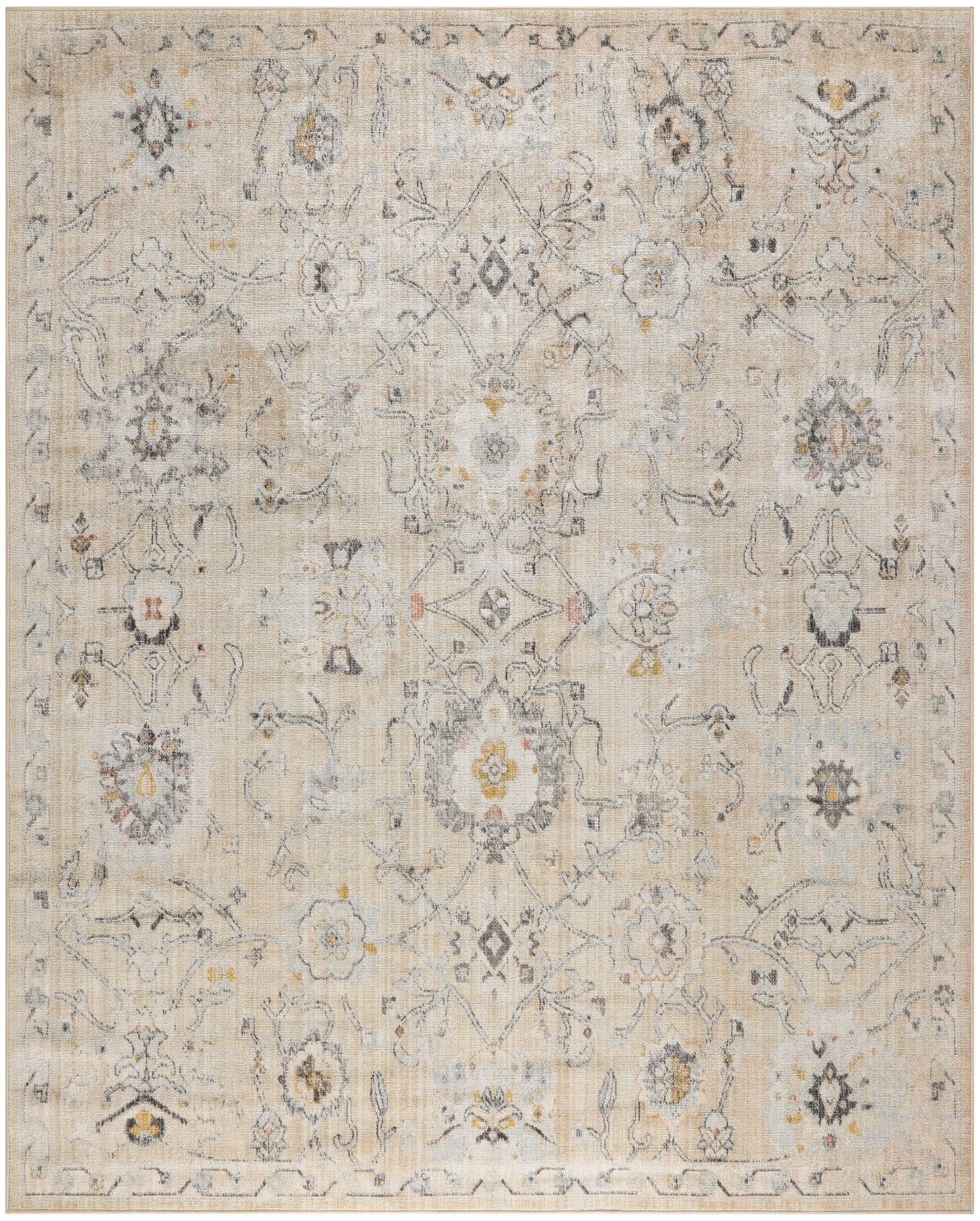 Distressed beige oriental rug with muted blue-gray floral medallions and border, vintage-inspired decorative pattern.