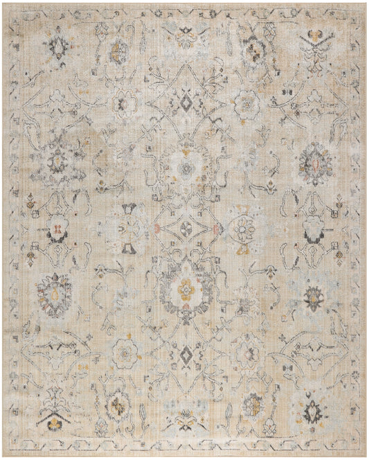 Distressed beige oriental rug with muted blue-gray floral medallions and border, vintage-inspired decorative pattern.