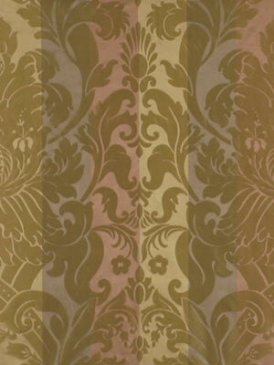 Damask wallpaper pattern in pewter tones with ornate scrolling floral motifs and vertical mirrored panels.