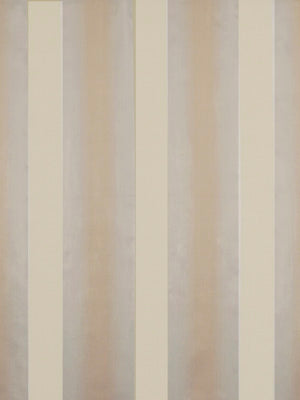 Vertical striped wallpaper in beige, cream and pale gray bands.