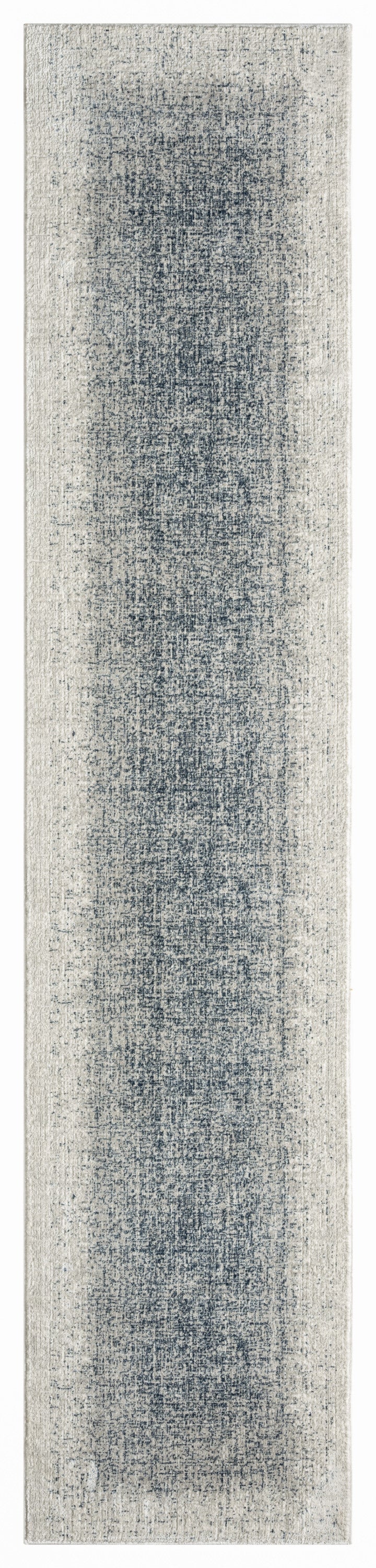 Navy blue and ivory distressed runner rug with faded center and light beige border.