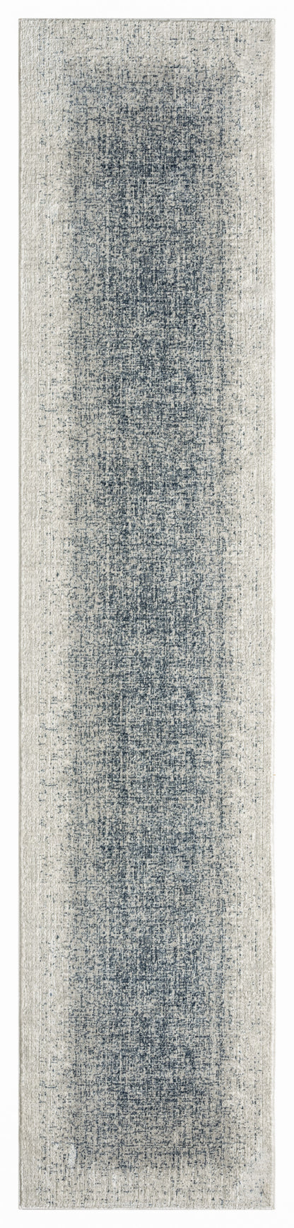 Navy blue and ivory distressed runner rug with faded center and light beige border.