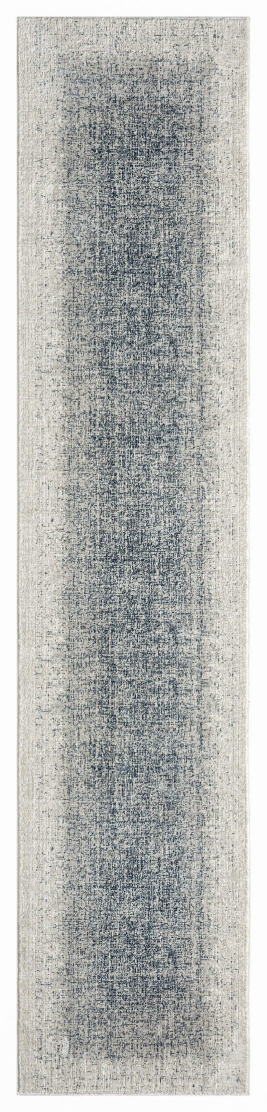Navy blue and ivory distressed runner rug with faded center and light beige border.