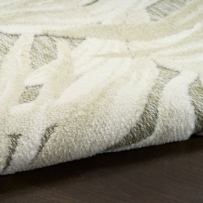 Cream textured area rug with beige geometric pattern, rolled edge on dark wood floor.
