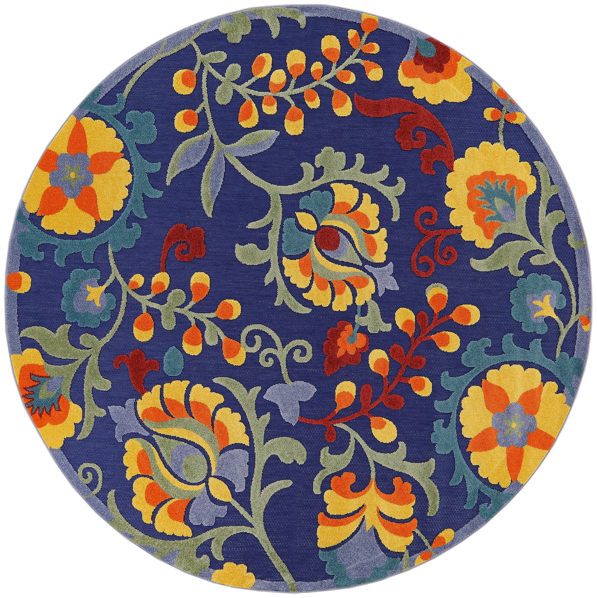 Round navy rug with vibrant yellow, orange, teal floral damask scrollwork & green vines.