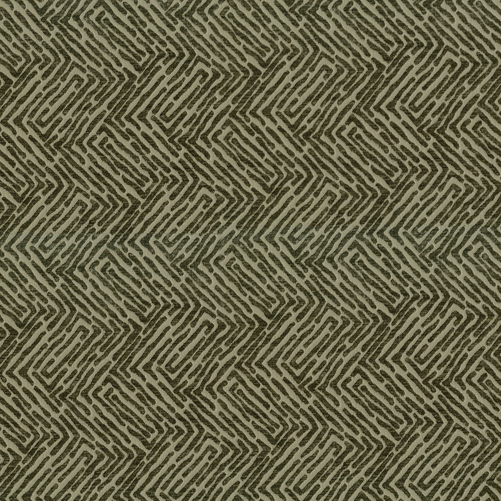 Olive-green velvet with bold geometric chevron zigzag in black and beige tones, soft upholstery fabric.