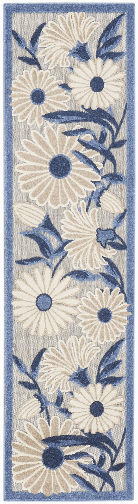 Floral runner rug with large cream daisies, blue centers and navy leaves on a beige background with a blue border.