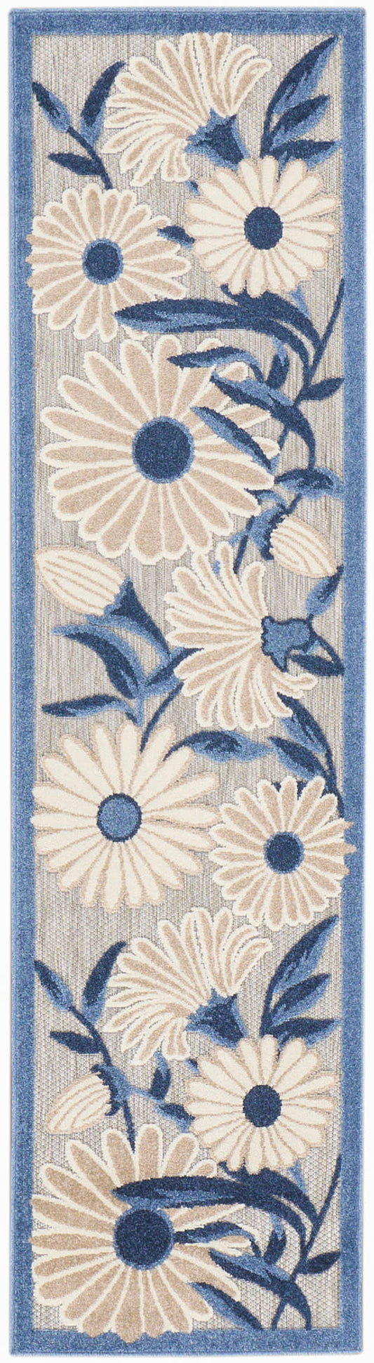 Floral runner rug with large cream daisies, blue centers and navy leaves on a beige background with a blue border.