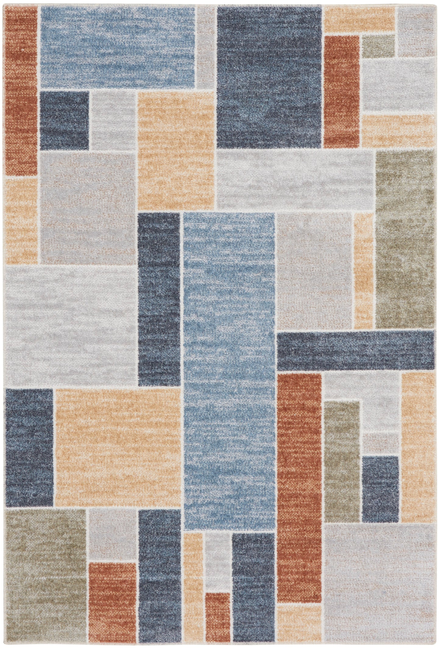 Geometric patchwork rug with rectangular blocks in blue, beige, tan, rust and olive tones.