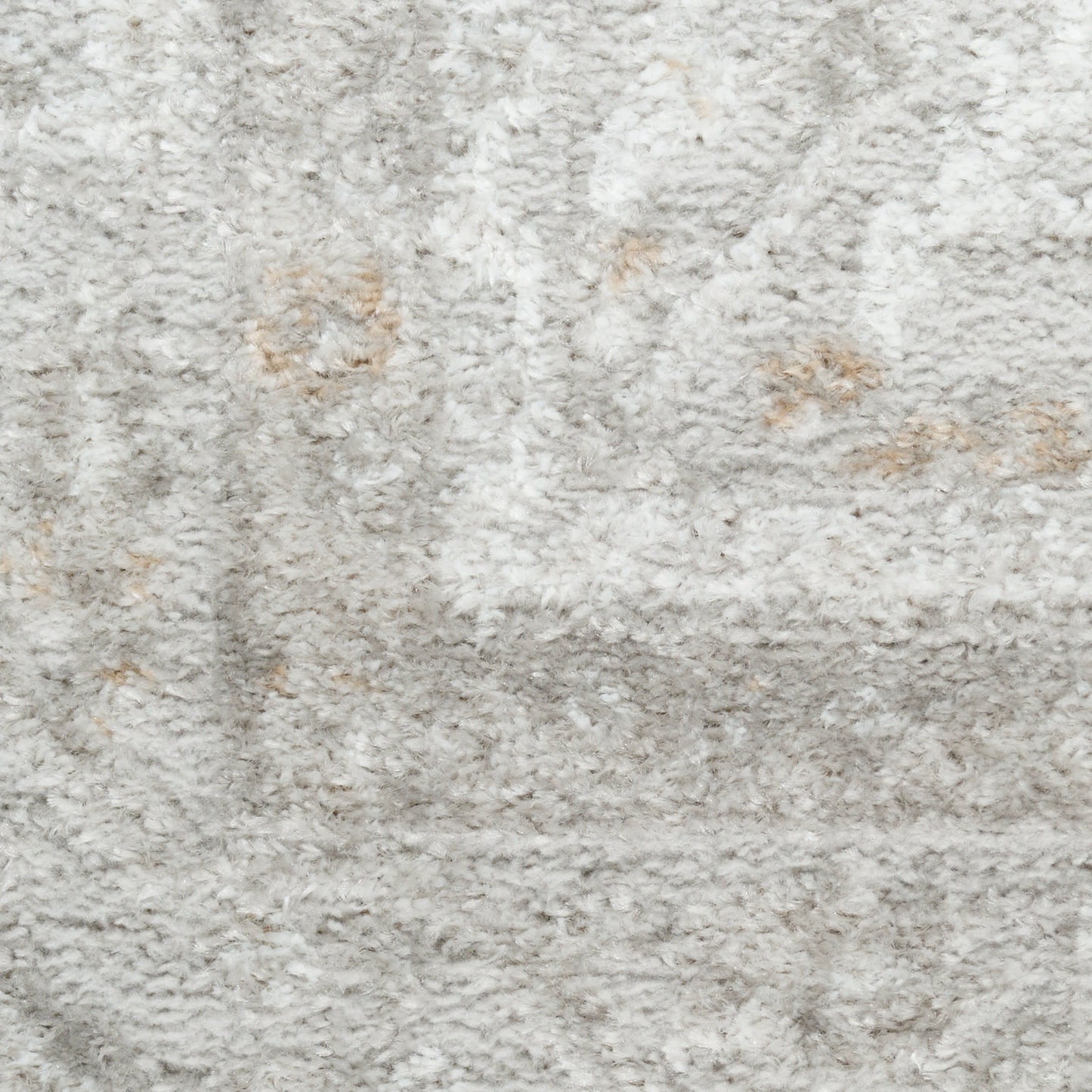 Creamy gray shag rug with ivory highlights and beige specks; plush high-pile texture.