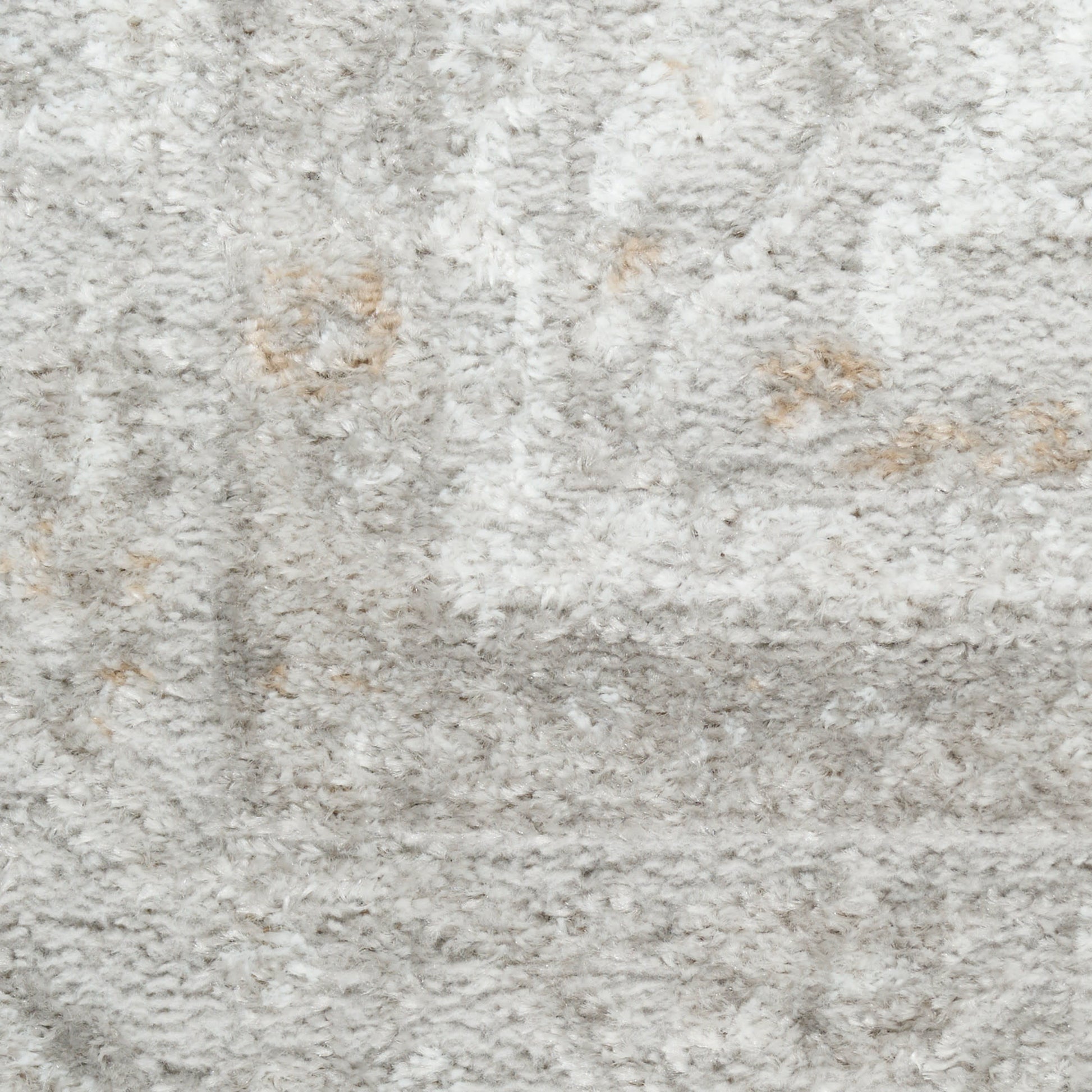 Creamy gray shag rug with ivory highlights and beige specks; plush high-pile texture.