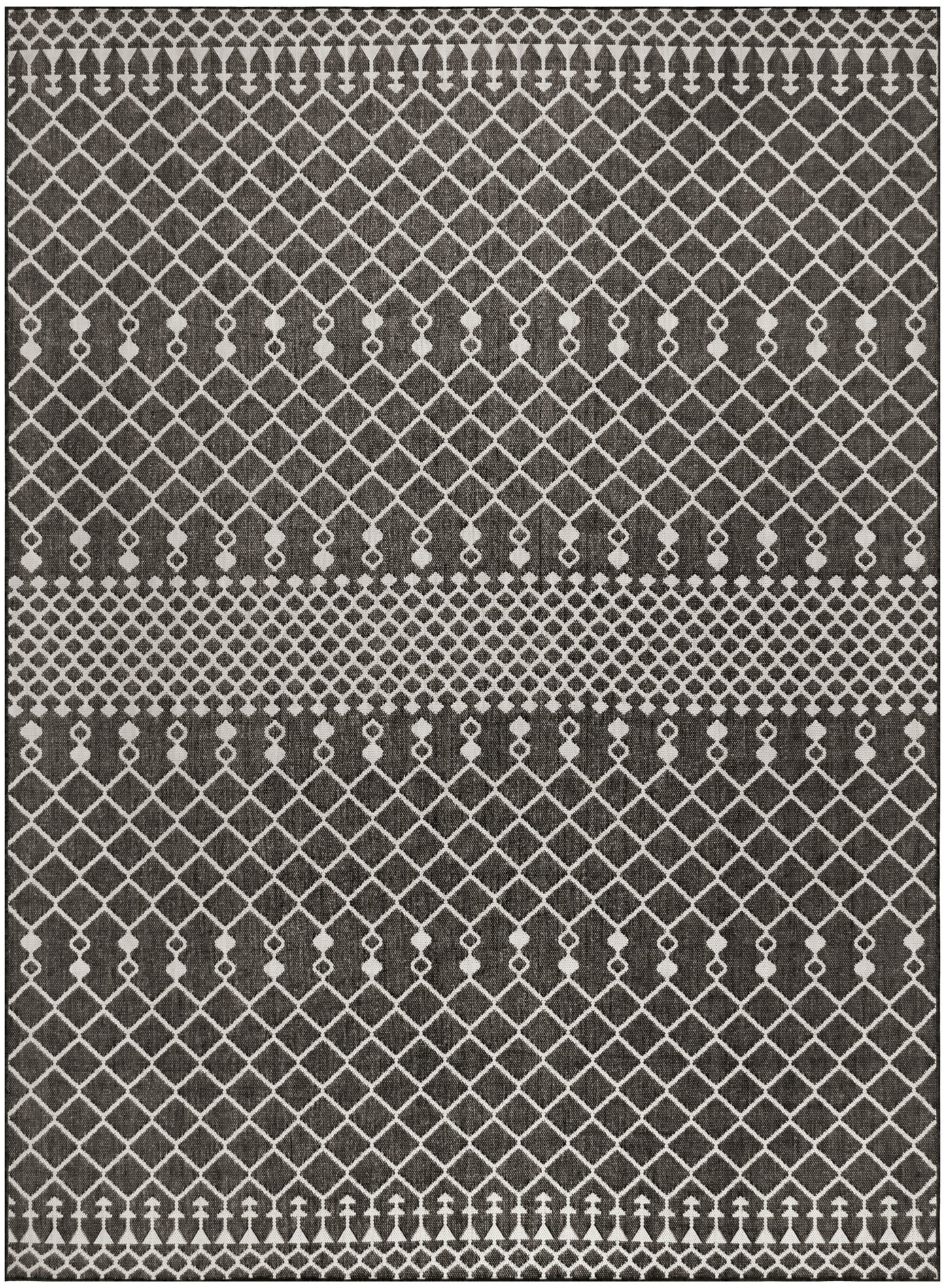 Gray area rug with cream lattice diamond pattern and dotted borders; modern geometric design.