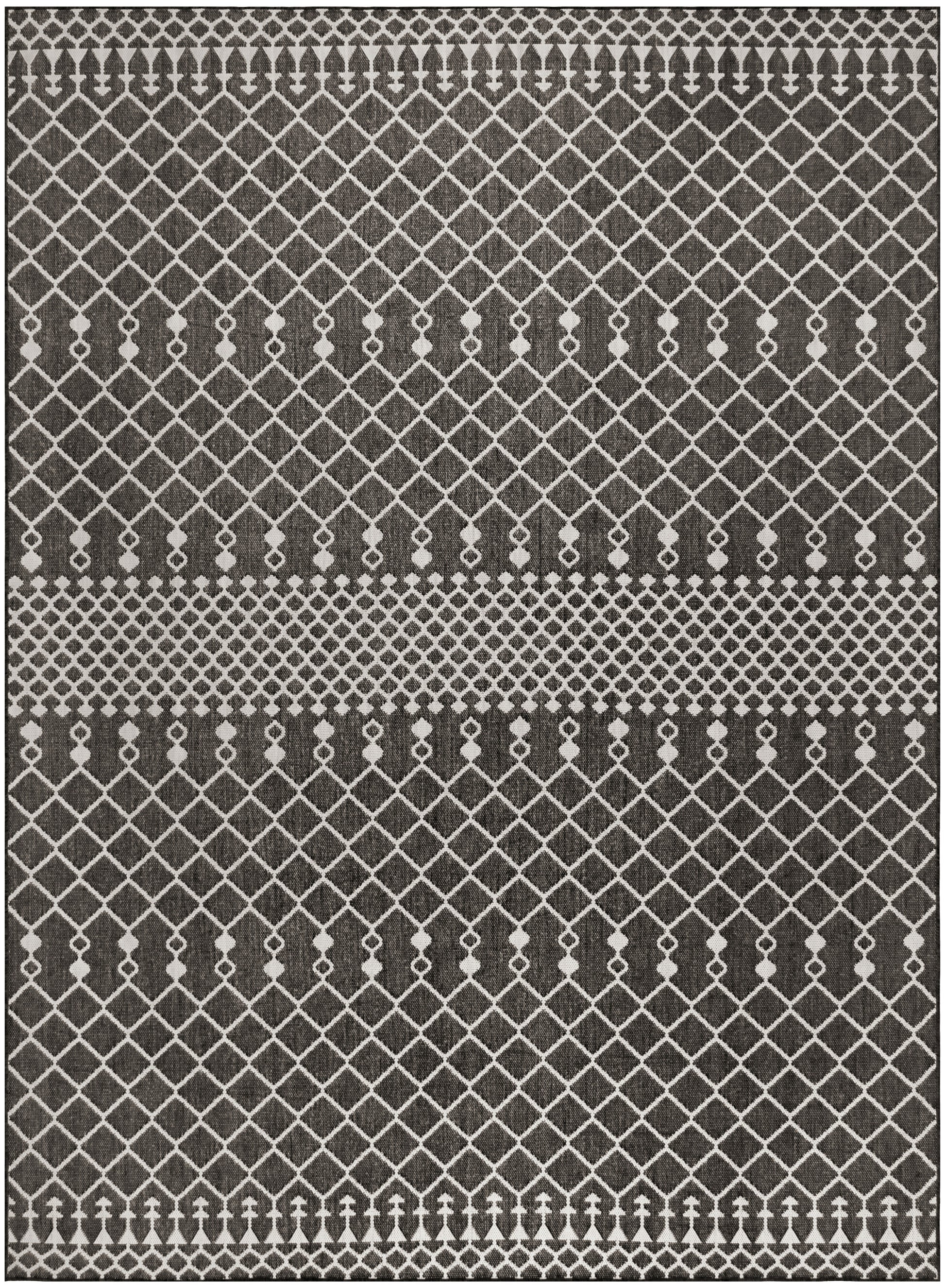 Gray area rug with cream lattice diamond pattern and dotted borders; modern geometric design.