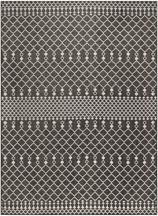 Gray area rug with cream lattice diamond pattern and dotted borders; modern geometric design.