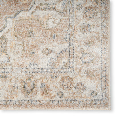 Distressed beige oriental rug with muted blue motifs and decorative border; corner view, soft plush pile.