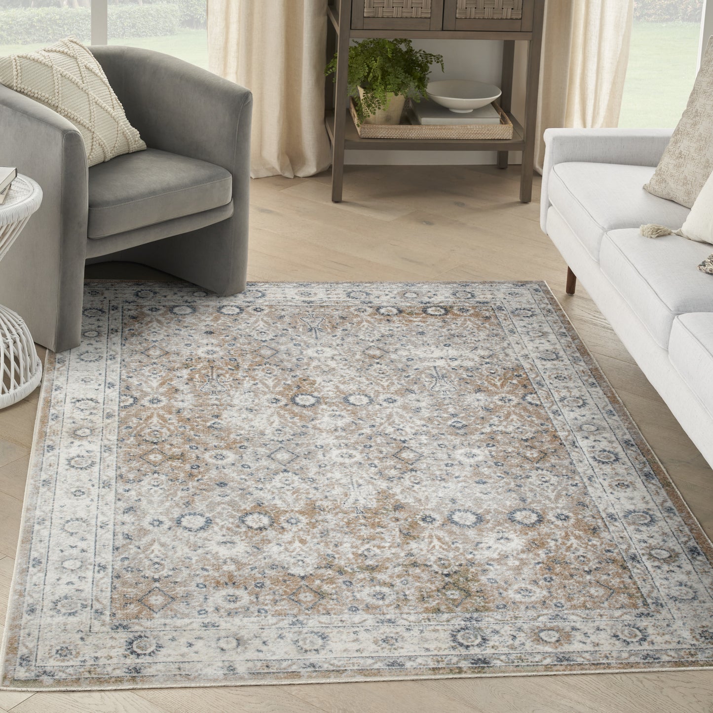 Beige-blue ornate area rug with a traditional pattern and border in a bright living room with gray armchair and white sofa.