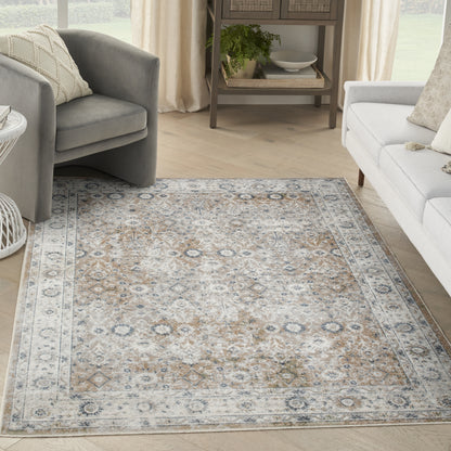 Beige-blue ornate area rug with a traditional pattern and border in a bright living room with gray armchair and white sofa.