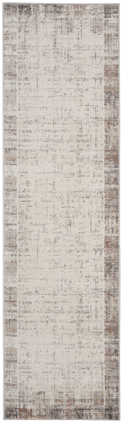 Narrow beige distressed runner rug with brown border, vintage worn texture, soft neutral tones for hallway.