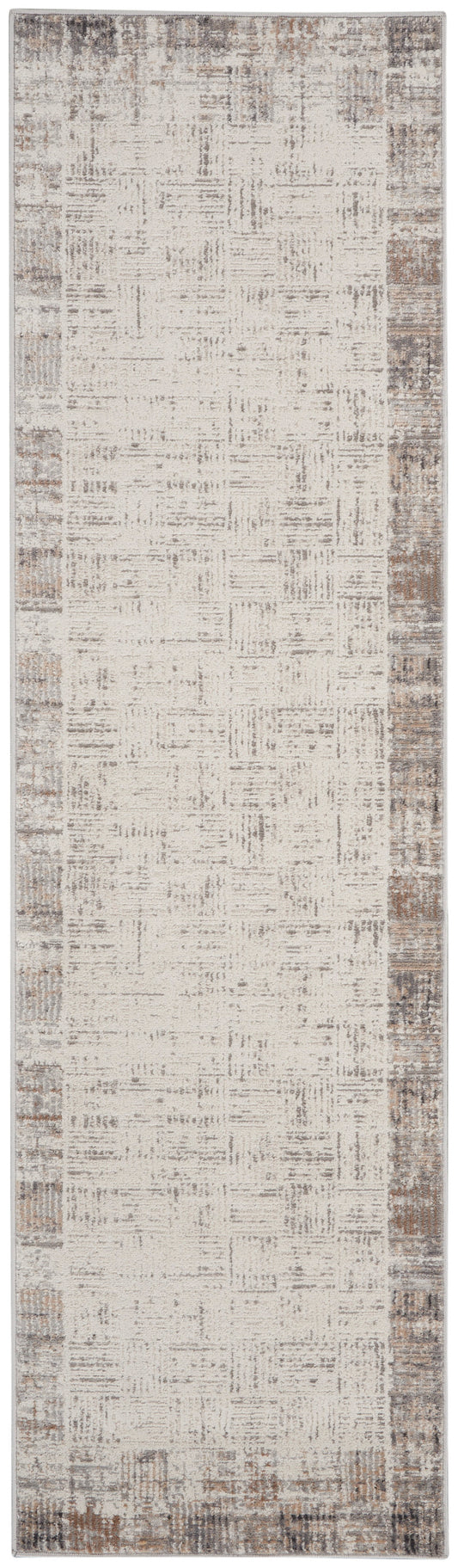 Narrow beige distressed runner rug with brown border, vintage worn texture, soft neutral tones for hallway.