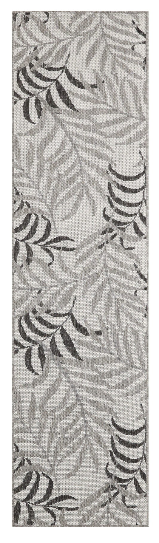 Long rectangular rug with grayscale palm leaf pattern on a light grey background; modern botanical style.
