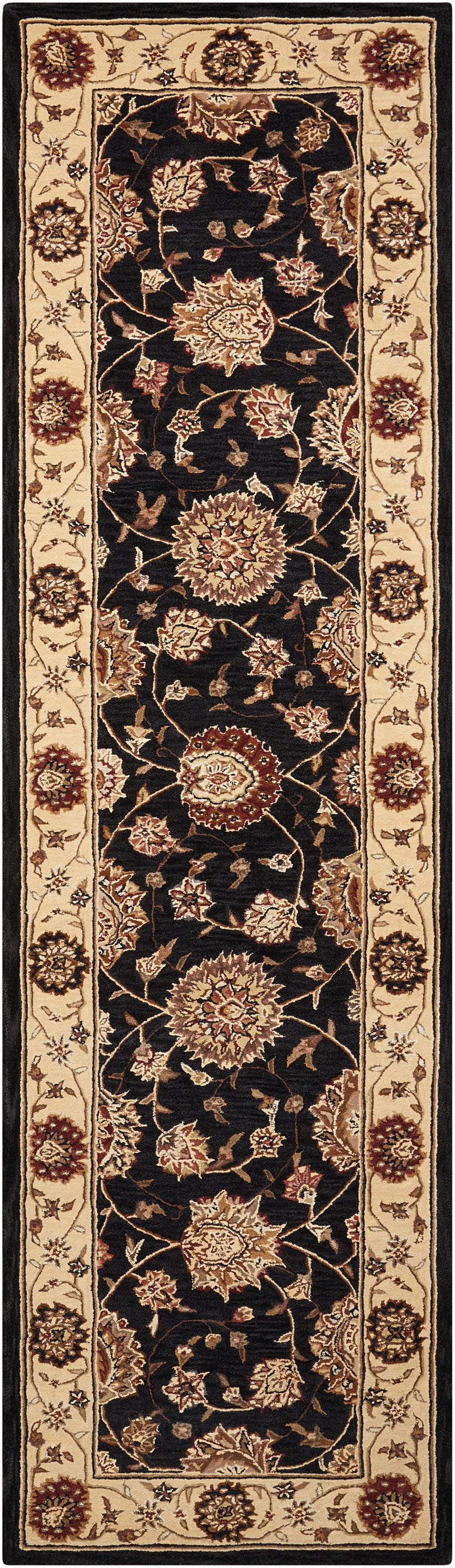 Rectangular Oriental rug: black central field with gold floral vines; cream border with burgundy rosettes, Persian-inspired.
