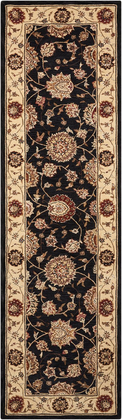 Rectangular Oriental rug: black central field with gold floral vines; cream border with burgundy rosettes, Persian-inspired.
