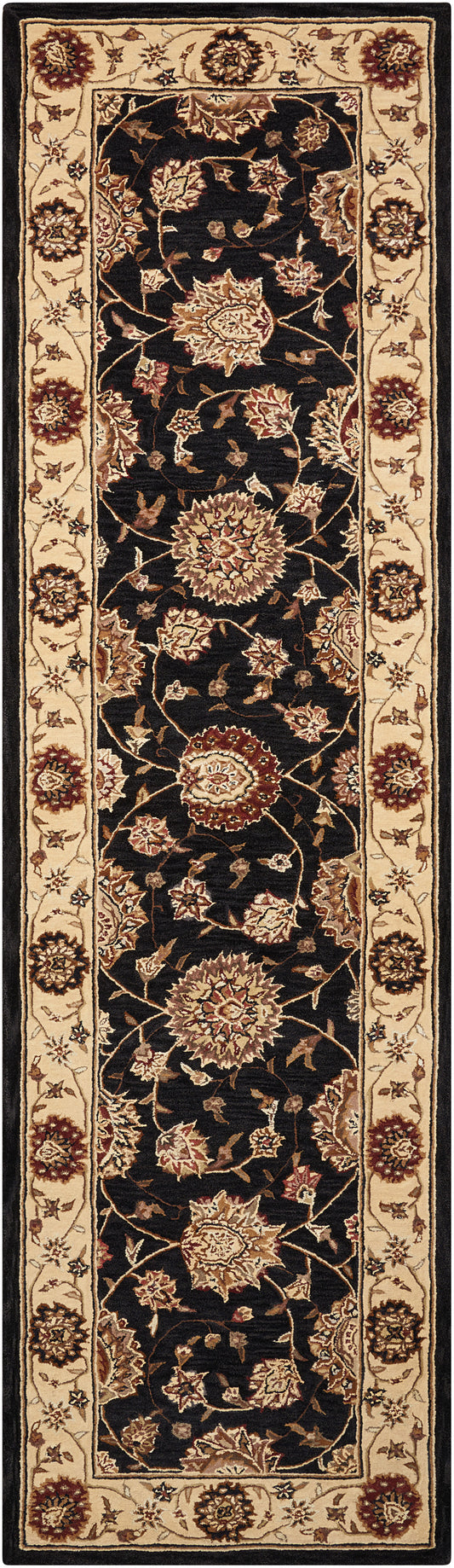 Rectangular Oriental rug: black central field with gold floral vines; cream border with burgundy rosettes, Persian-inspired.