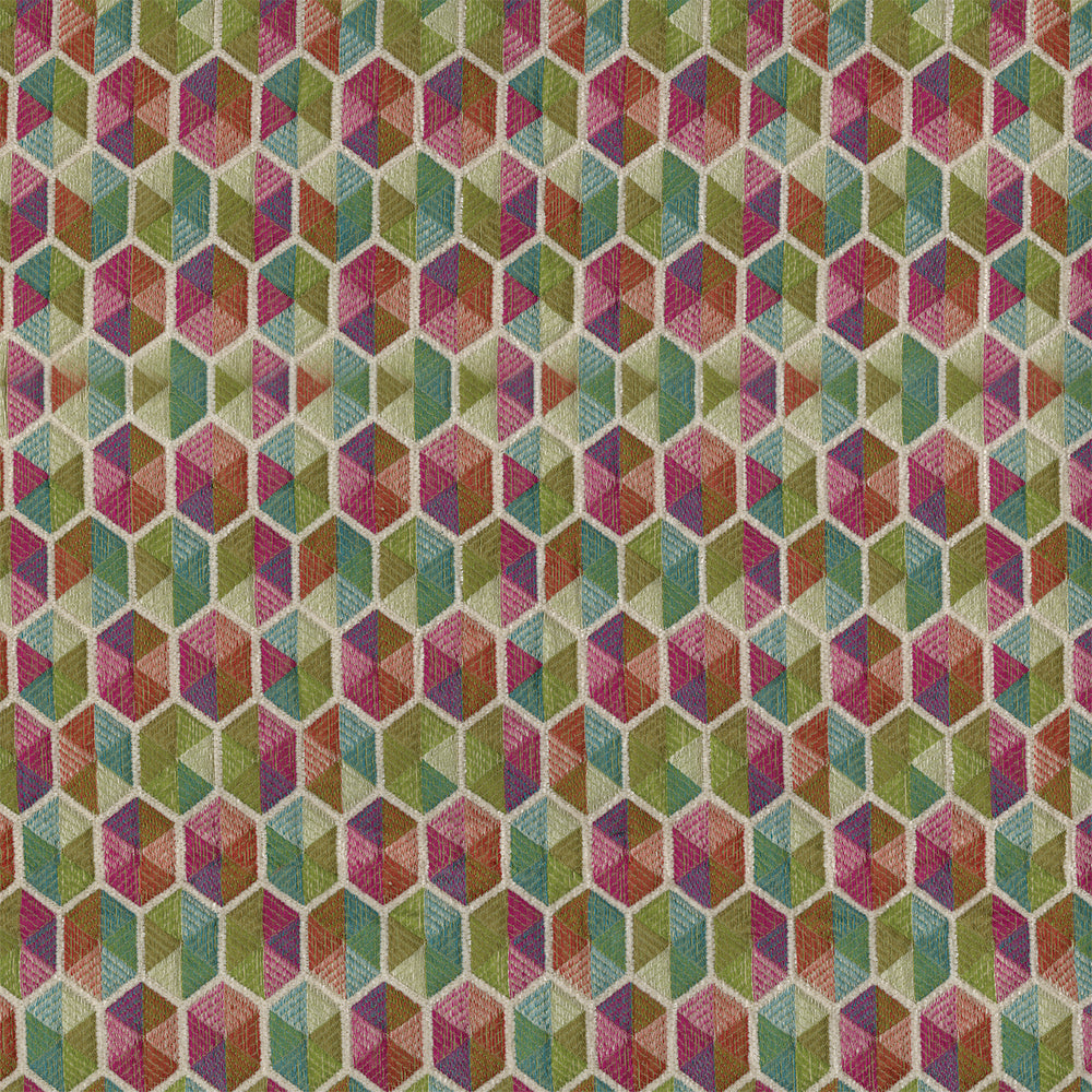 Colorful geometric cube tessellation in greens, pinks, teals and purples; textured fabric-like upholstery print.