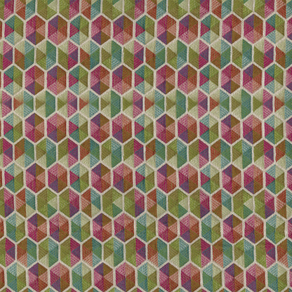 Colorful geometric cube tessellation in greens, pinks, teals and purples; textured fabric-like upholstery print.