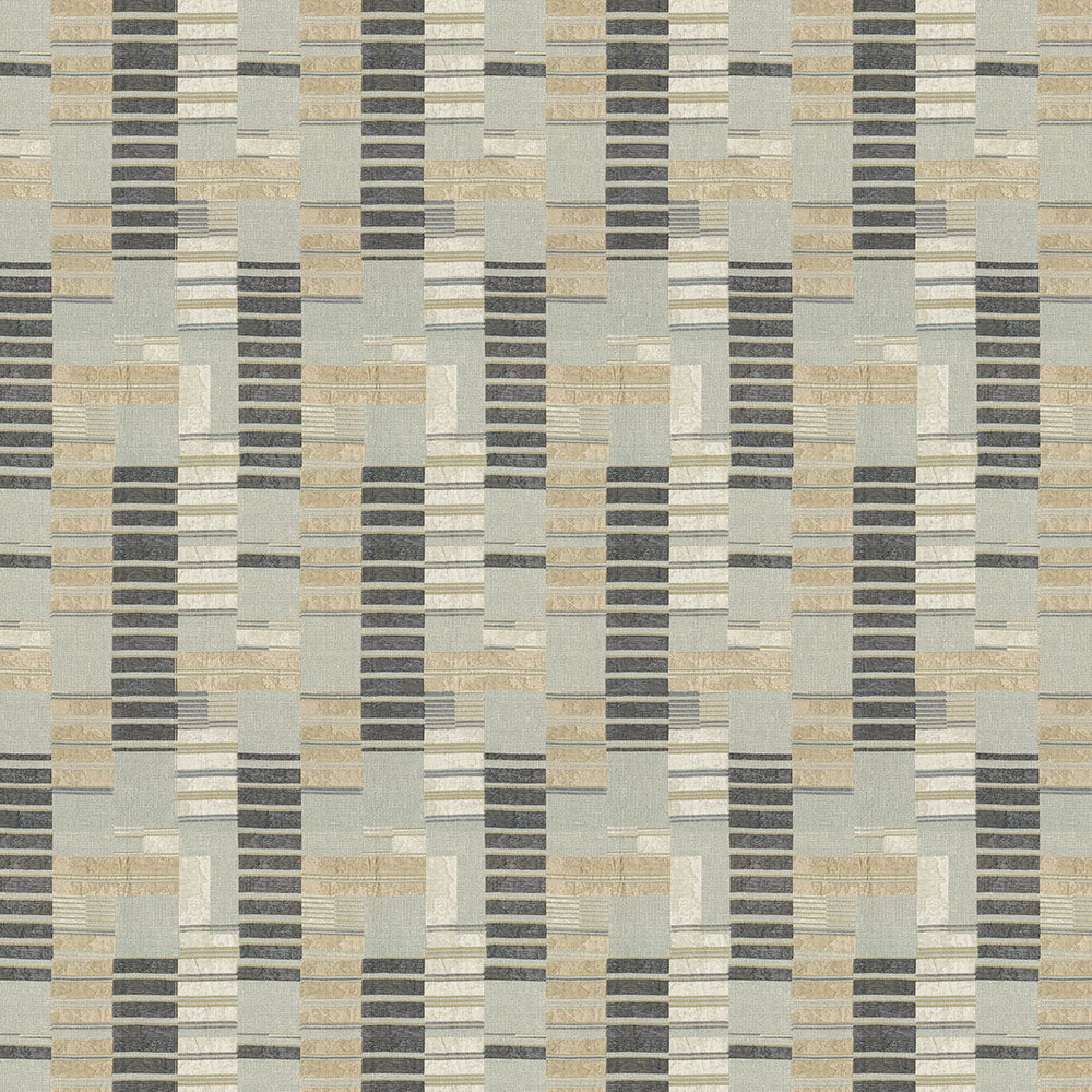 Geometric woven textile pattern in neutrals with dark gray vertical stripes and beige-taupe blocks.
