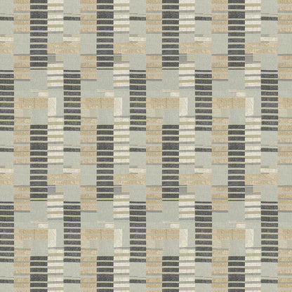 Geometric woven textile pattern in neutrals with dark gray vertical stripes and beige-taupe blocks.
