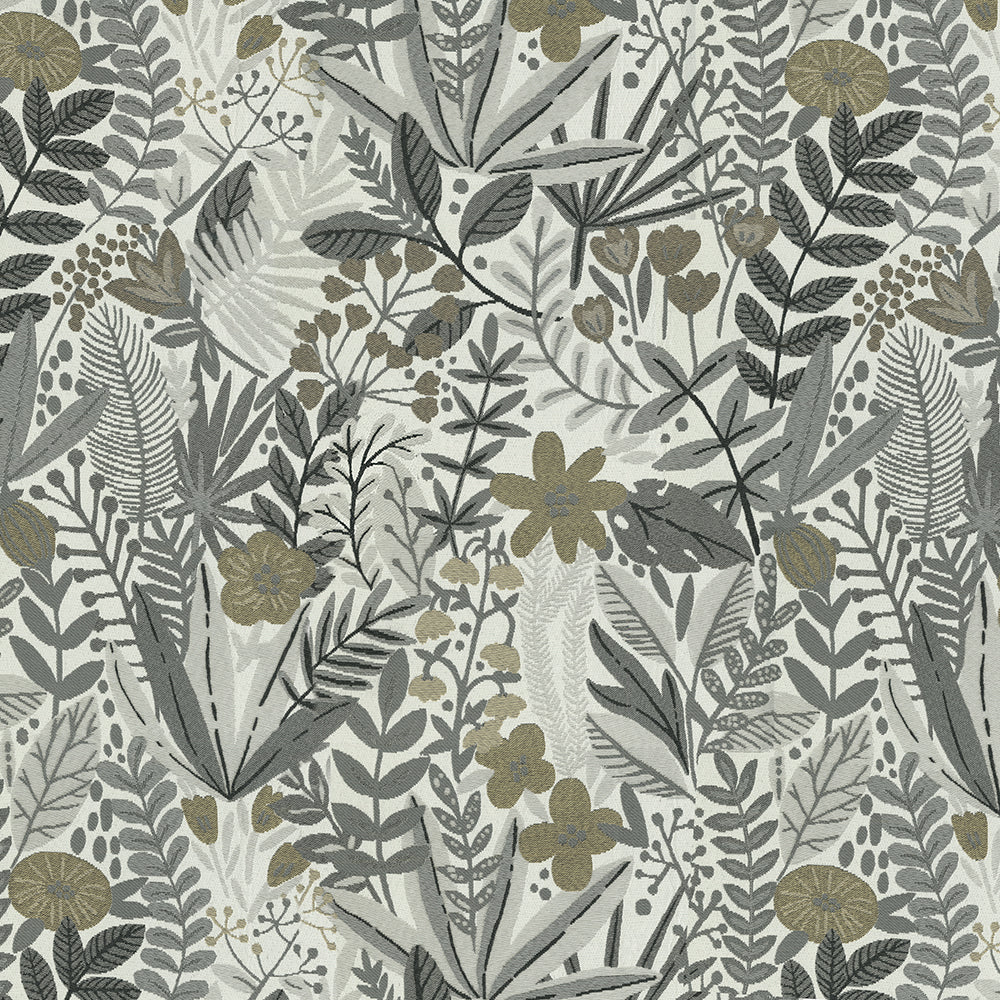 Neutral botanical fabric with gray, sage green & olive leaves and flowers in a repeating floral pattern.